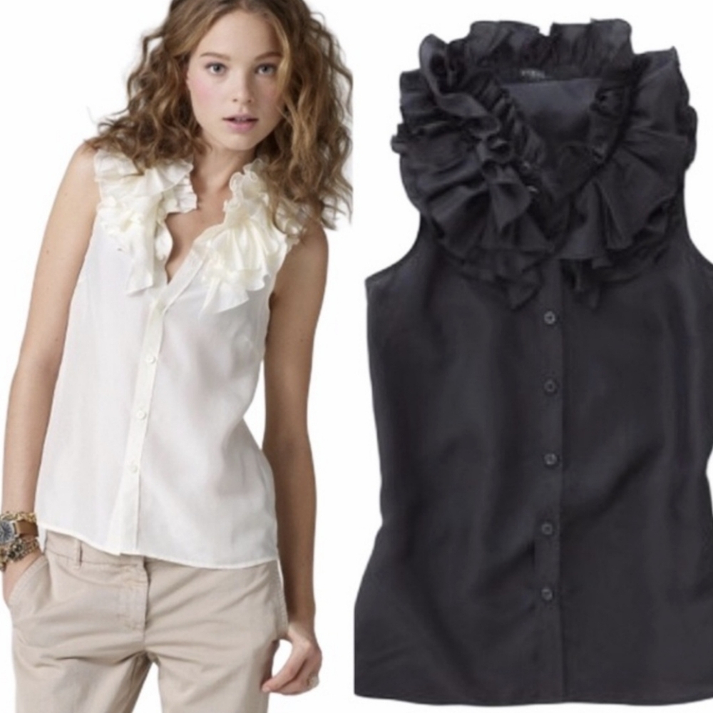 🦄J Crew Silk Charcoal Gray High Neck Ruffle Blouse